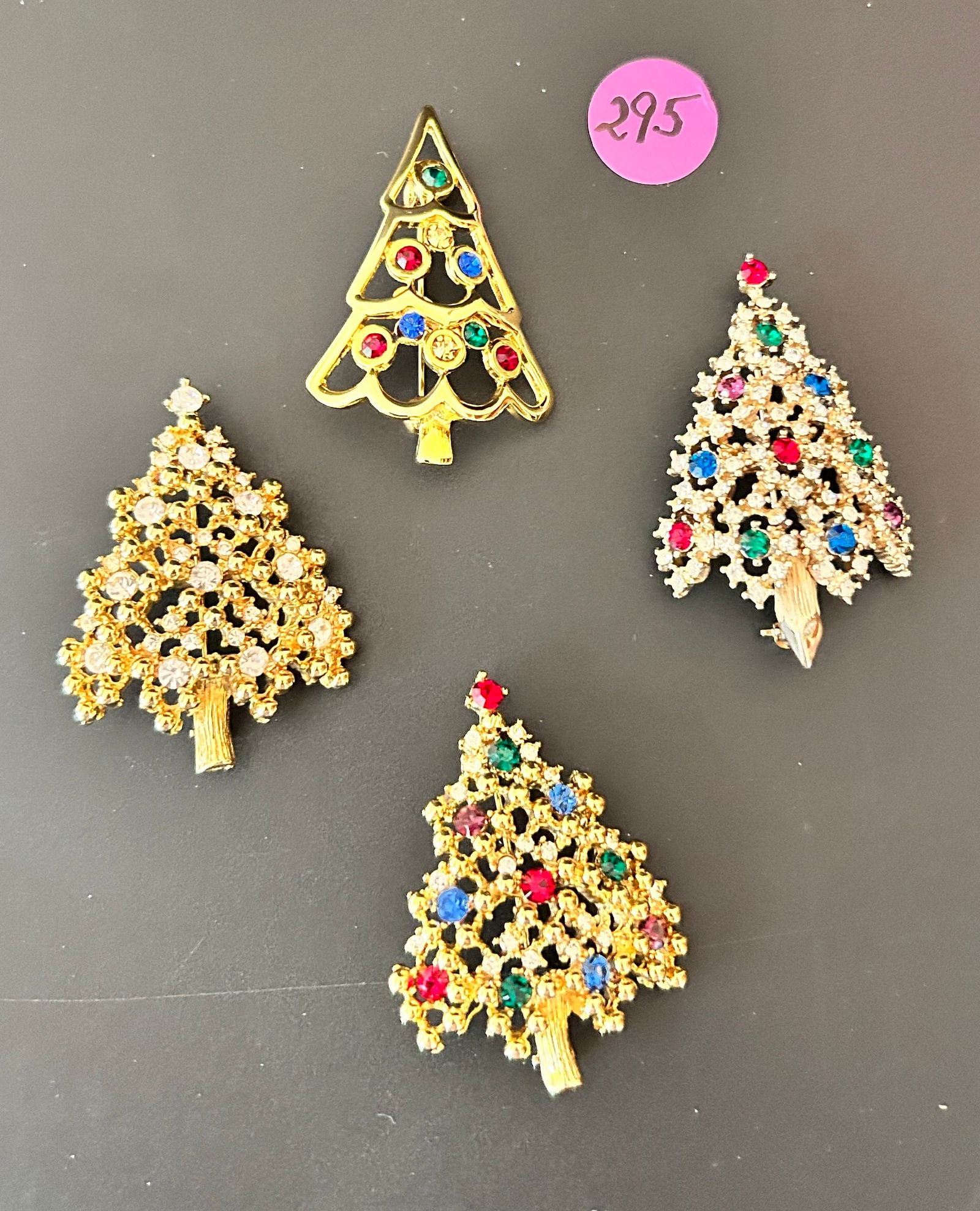 4 Eisenberg Ice Christmas Tree Brooches Multi Colored R/S goldtone (1 of 2)