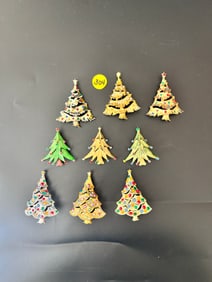 9 Christmas Tree Brooches JJ Jonette Jewelry, some signed