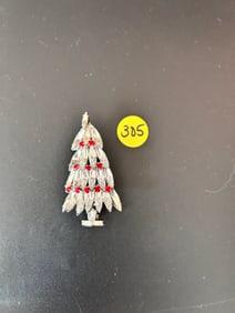 Julian Christmas Tree Brooch Silvertone Clear Navette Red R/S