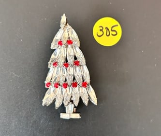Juliana Christmas Tree Brooch Silvertone Clear Navette Red R/S