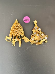 2 Kirk's Folly Goldtone Christmas Tree Brooches