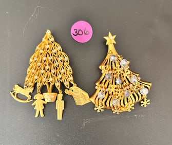 2 Kirk's Folly Goldtone Christmas Tree Brooches