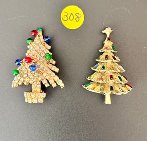 2 Kramer Christmas Tree Brooches Baguette, A/B R/S
