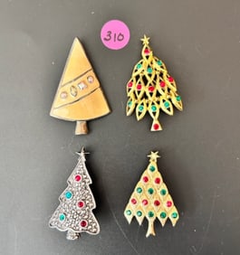4 Lia Lianna Christmas Tree Brooches, 2 Goldtone, 1 enamel 1 pewter metal