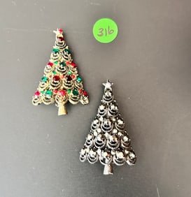 Pair Pakula Christmas Tree Brooches Red/Green R/S Hematite