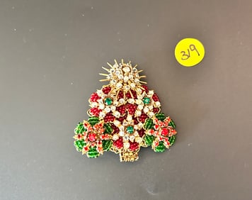 Large Stanley Hagler NYC Christmas Tree Brooch 3D hanging beads