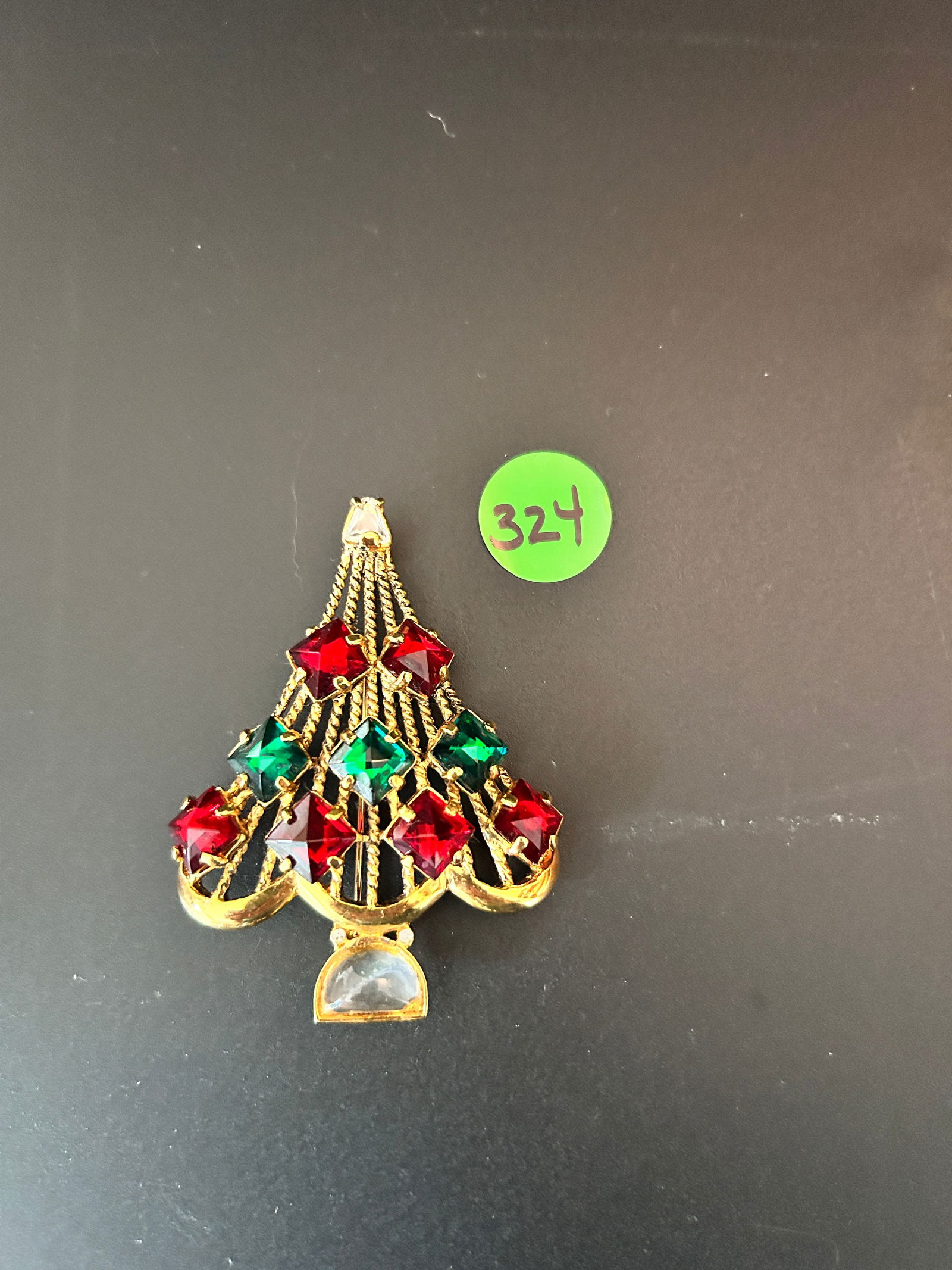 WEISS Christmas Tree Brooch Red Green Clear Open-backed R/S (1 of 3)