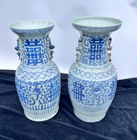 Pair Antique Tall Blue White Chinese Vases
