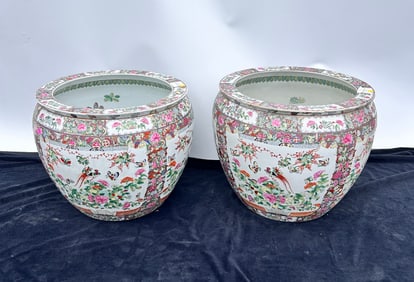 Pair LARGE Chinese Rose Medallion Ceramic Jardinieres Fish bowls