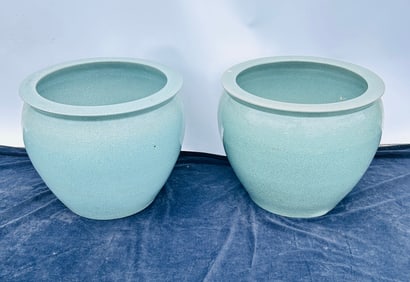 Pair LARGE Chinese Celadon Ceramic Jardinieres Fish bowls