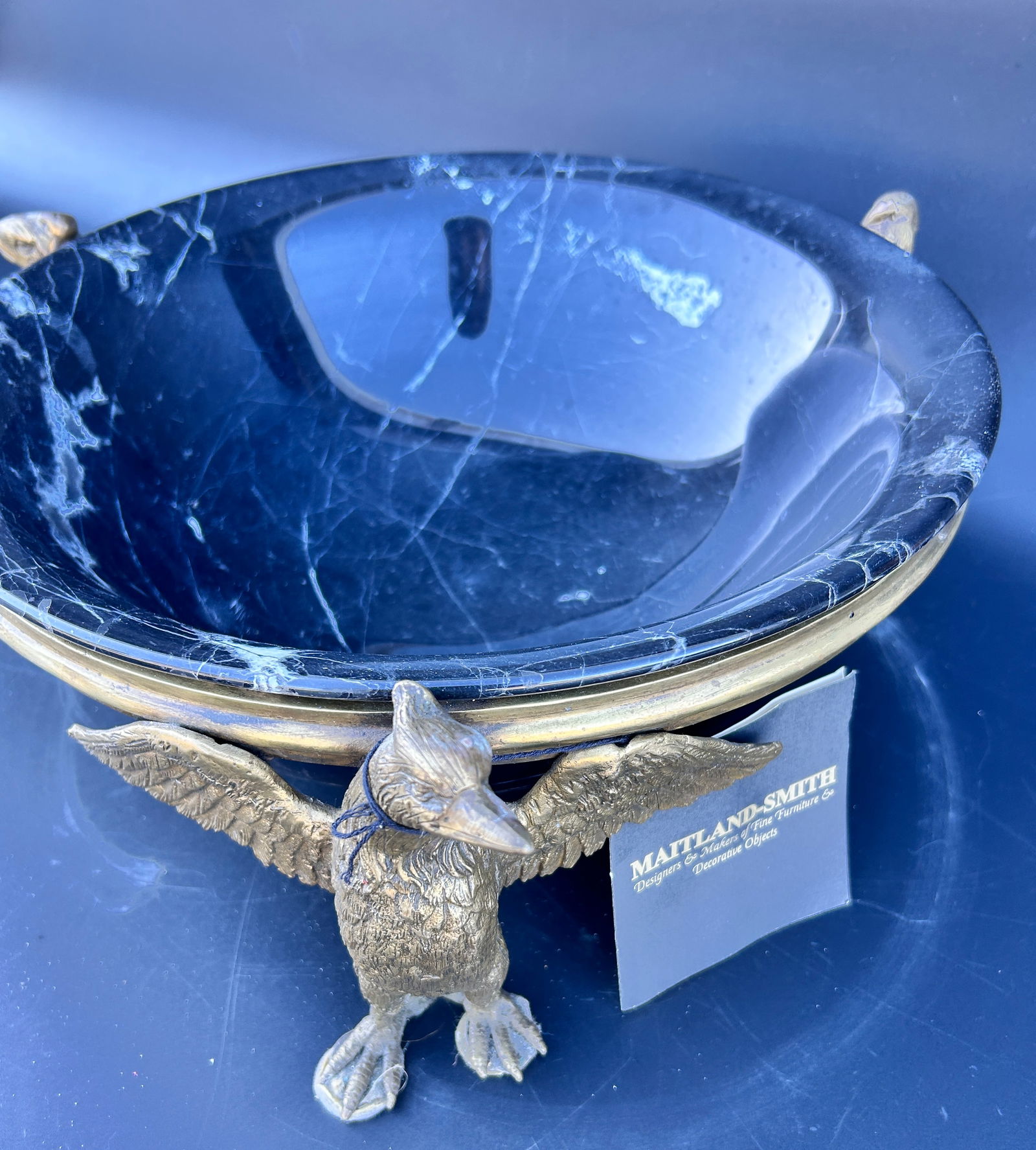 Large marble bowl, Maitland Smith on Impressive Bronze Eagle Stand: Large marble bowl, Maitland Smith on Bronze Eagle Stand Dimensions: 14 D x 6 High in inches Condition: Good IN-HOUSE SHIPPING AVAILABLE PLEASE EMAIL: longlakeart@gmail.com for more info.&n