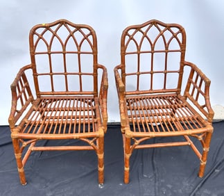 1980â€™s Pair McGuire Rattan Cathedral Arm Side Chairs