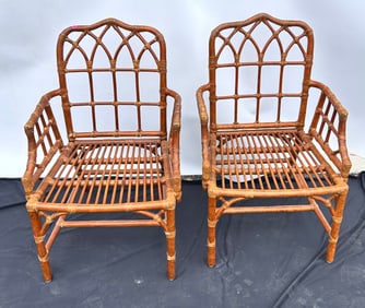 Another Pair 1980â€™s Pair McGuire Rattan Cathedral Arm Side Chairs