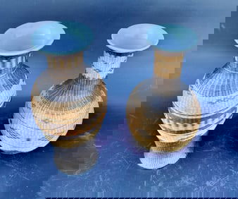 2 Vintage Chinese Handcrafted Woven Bamboo Overlay Vases