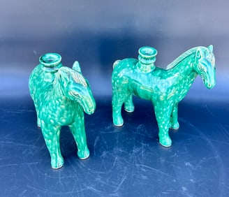 Pair Unique Green Glaze Chinese Ceramic Horses