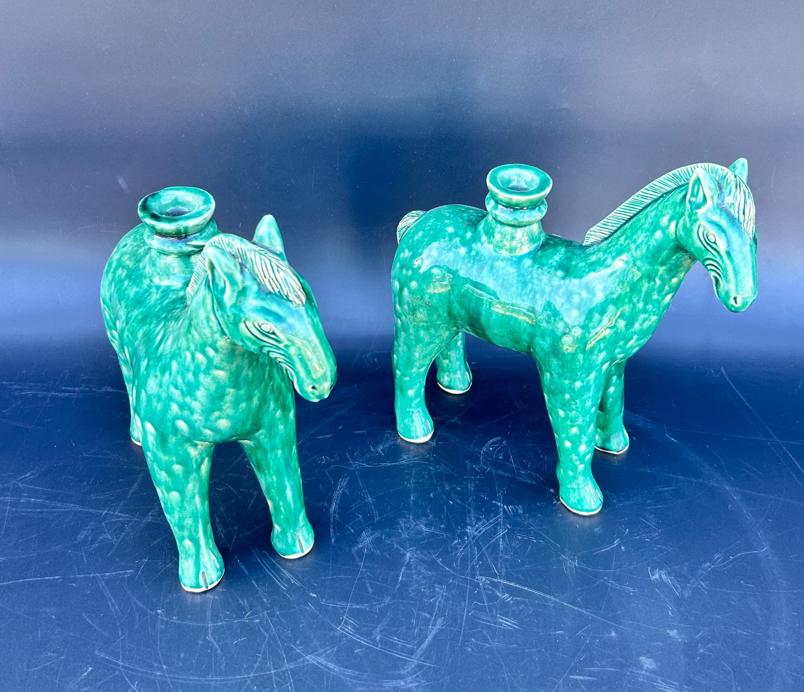 Pair Unique Green Glaze Chinese Ceramic Horses (1 of 2)