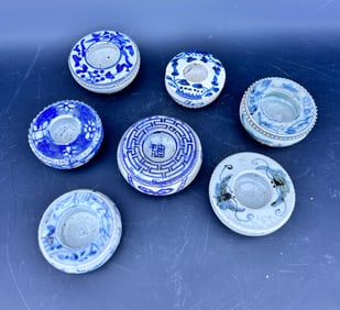 7 Chinese ceramic inkwells B/W with export stamps