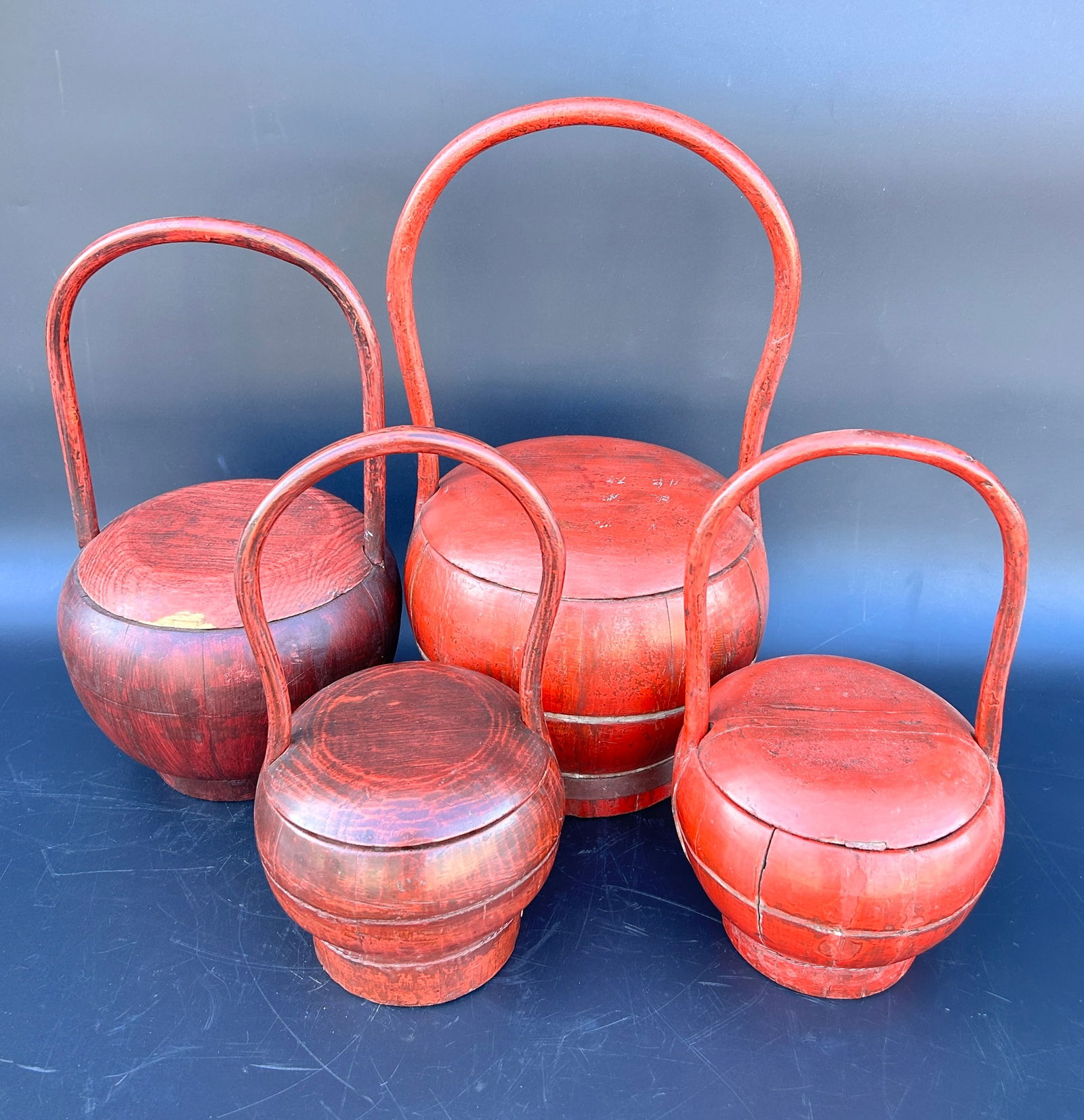 4 Antique Red Chinese Lidded Wedding box/basket curved handle (1 of 3)