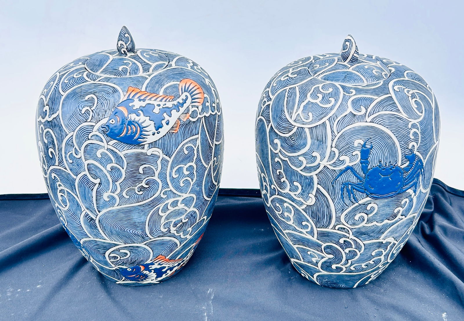 Pair of Lidded Japanese Style Vases w/sea creatures (1 of 1)