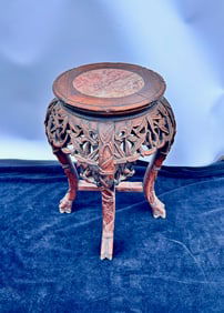 Antique Chinese Round Rose Marble top table Carved wood