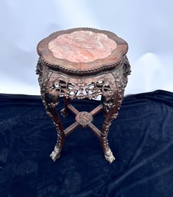 Antique Chinese Round Scalloped Edge Rose Marble top table Carved wood