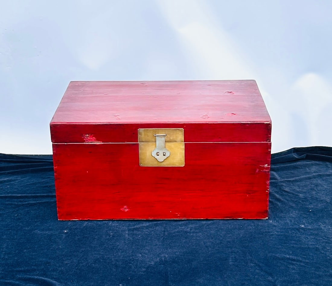 Antique Chinese Medium Red Matte Finish Trunk: Antique Chinese Medium Red Matte Finish Trunk Details inside on card in Chinese Dimensions: approx. 13 H x 18 D x 27 W in inches Condition: Commensurate with age. 