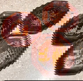 3 Antique Octagonal Lacquer Plates w/Figures