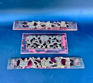 3 Antique Chinese Gilt Wood Wall Decorations Floral