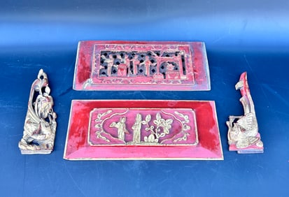 4 Antique Chinese Gilt Wood Wall Decorations Figures/Birds