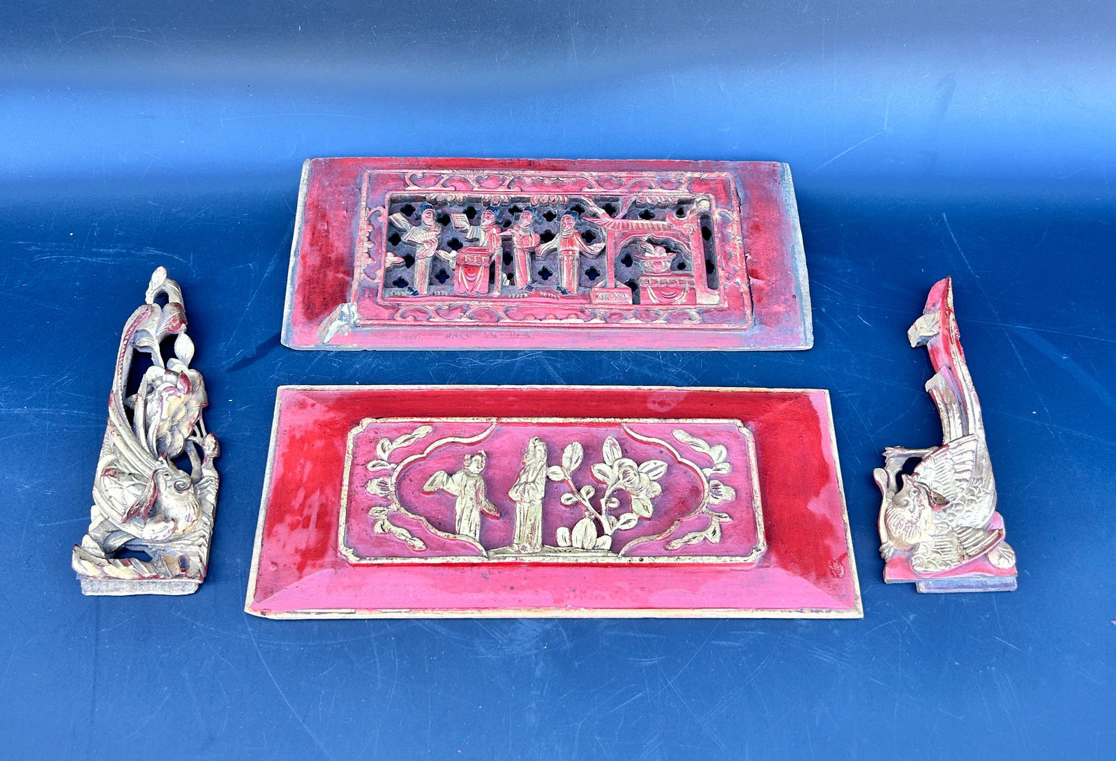 4 Antique Chinese Gilt Wood Wall Decorations Figures/Birds (1 of 2)