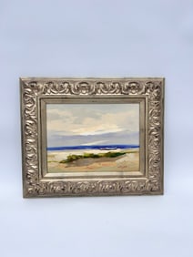 VINTAGE PAINTING O/C BEACH SCENE, DUNES WITH BOATS