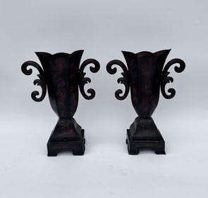 PAIR OF METAL DECORATIVE URNS, RED UNDERTONE