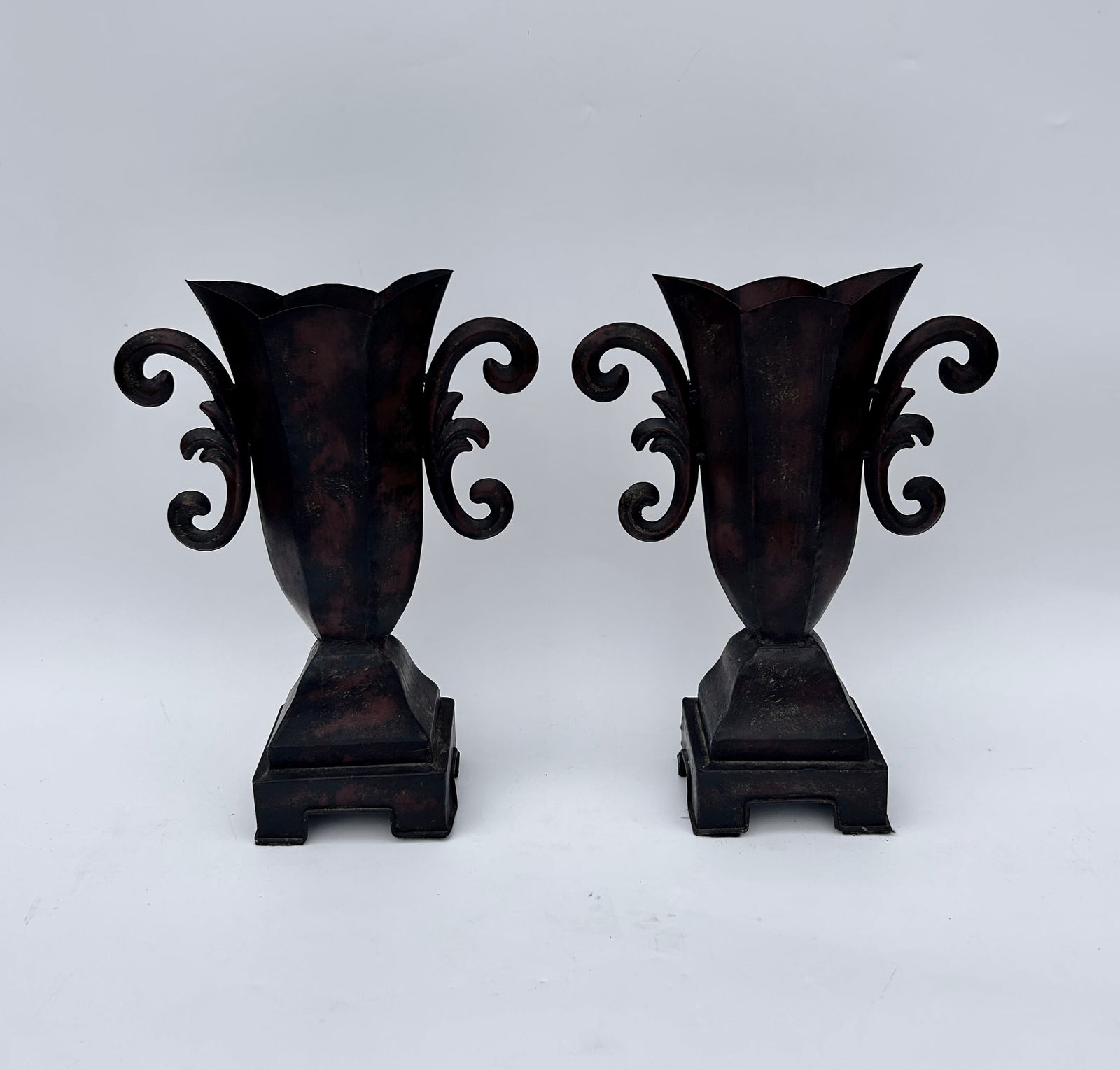 PAIR OF METAL DECORATIVE URNS, RED UNDERTONE (1 of 2)