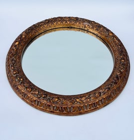 ROUND CONTEMPORARY MIRROR WITH GILT FLORAL FRAME