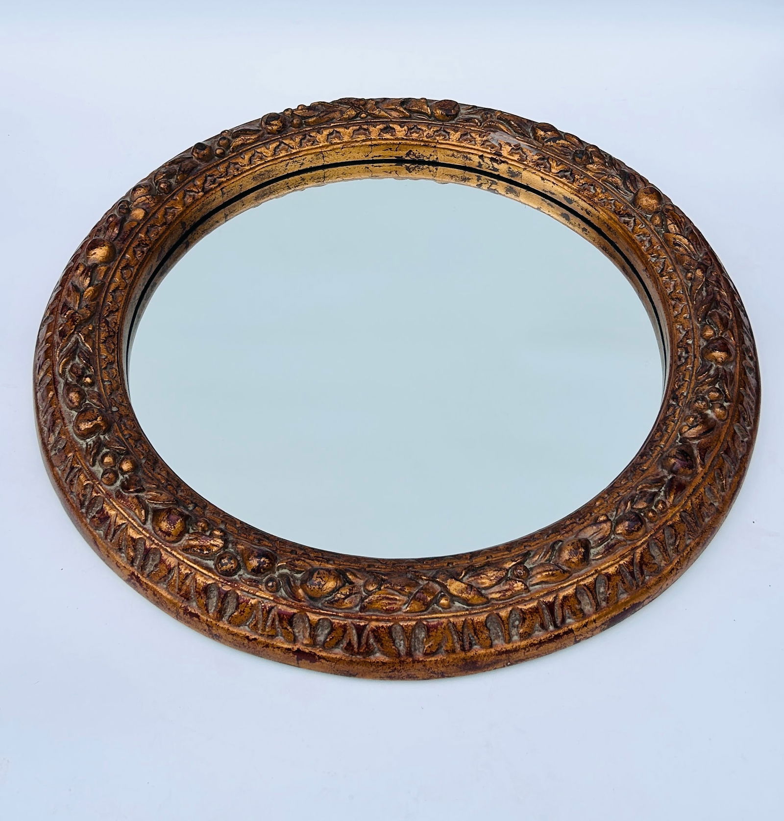 ROUND CONTEMPORARY MIRROR WITH GILT FLORAL FRAME:  ROUND CONTEMPORARY MIRROR WITH GILT FLORAL FRAME Measures: 29 diameter IN-HOUSE SHIPPING AVAILABLE PLEASE EMAIL: longlakeart@gmail.com for