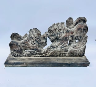 CHINESE RELIEF SCULPTURES FIGHTING FOO DOGS - DARK
