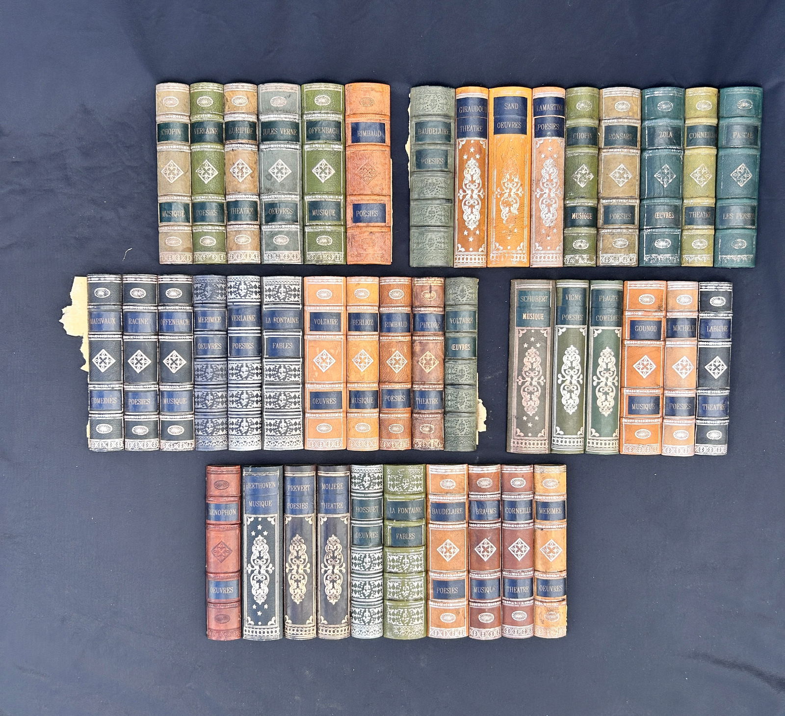 (5) Sections of French Antique Book Fronts Leather: Five (5) Sections French Antique Book Front Leather Measures: total length 63 inches x 7.5 H inches Condition: fair IN-HOUSE SHIPPINAVAILABLE PLEASE EMAIL: longlakeart@gmail.com for more