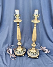 Pair Brass Lamps with scrolling at base