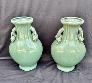 Pair Celadon Vases Oriental Accent