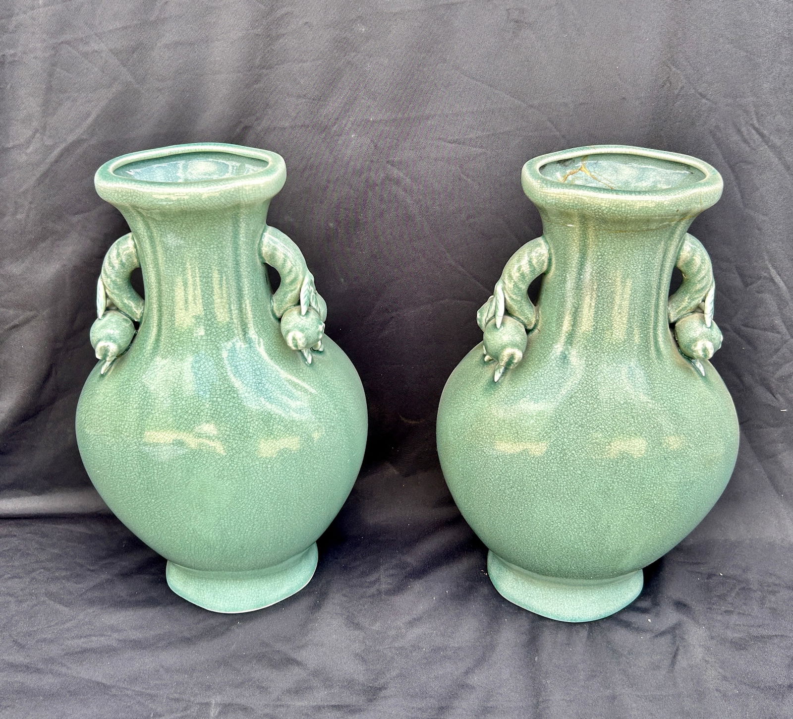 Pair Celadon Vases Oriental Accent:  Pair Celadon Vases Oriental Accent measures in inches: 9W x 14H Condition: fair repaired IN-HOUSE SHIPPING AVAILABLE PLEASE EMAIL: