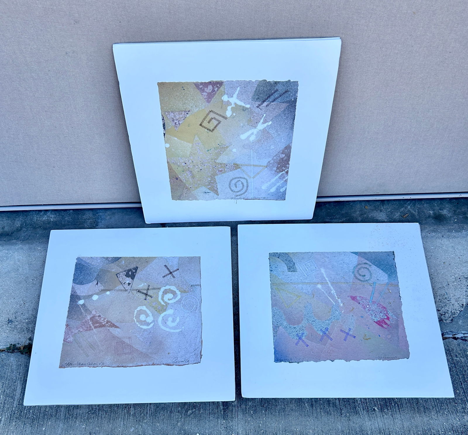 (3) handmade paper art pieces: Three handmade paper art pieces measures in inches: Matted, Unframed, 11.5w x 10H Condition: unframed IN-HOUSE SHIPPING AVAILABLE PLEASE EMAIL: longlakeart@gmail.com for