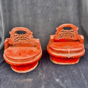 (2) Carved Wood Red Chinese Wedding Buckets