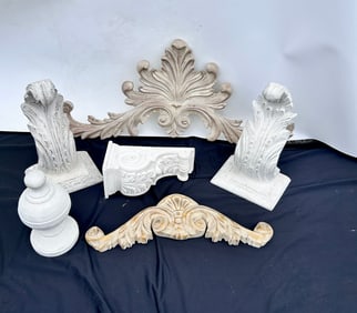 6) items, 2 corbels, 2 wall decorations, large wood finial, 1 plaster corbel
