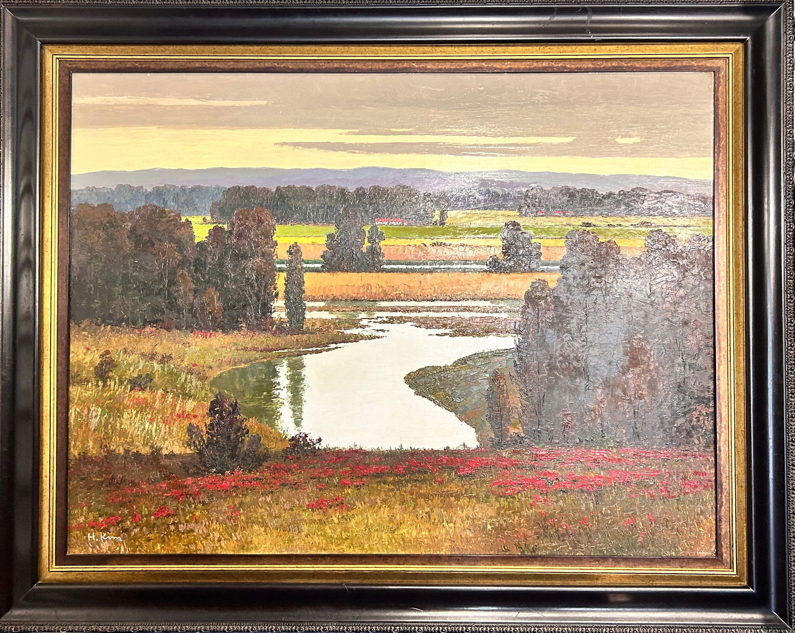 Large Textured Black Framed Signed landscape O/C w/barn (1 of 4)