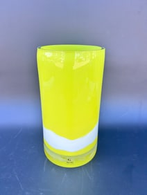Large Glass Nuvo Yellow Cylindrical vase with white asymmetrical stripe