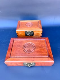 (2) Chinese wooden jewelry boxes, lined with red