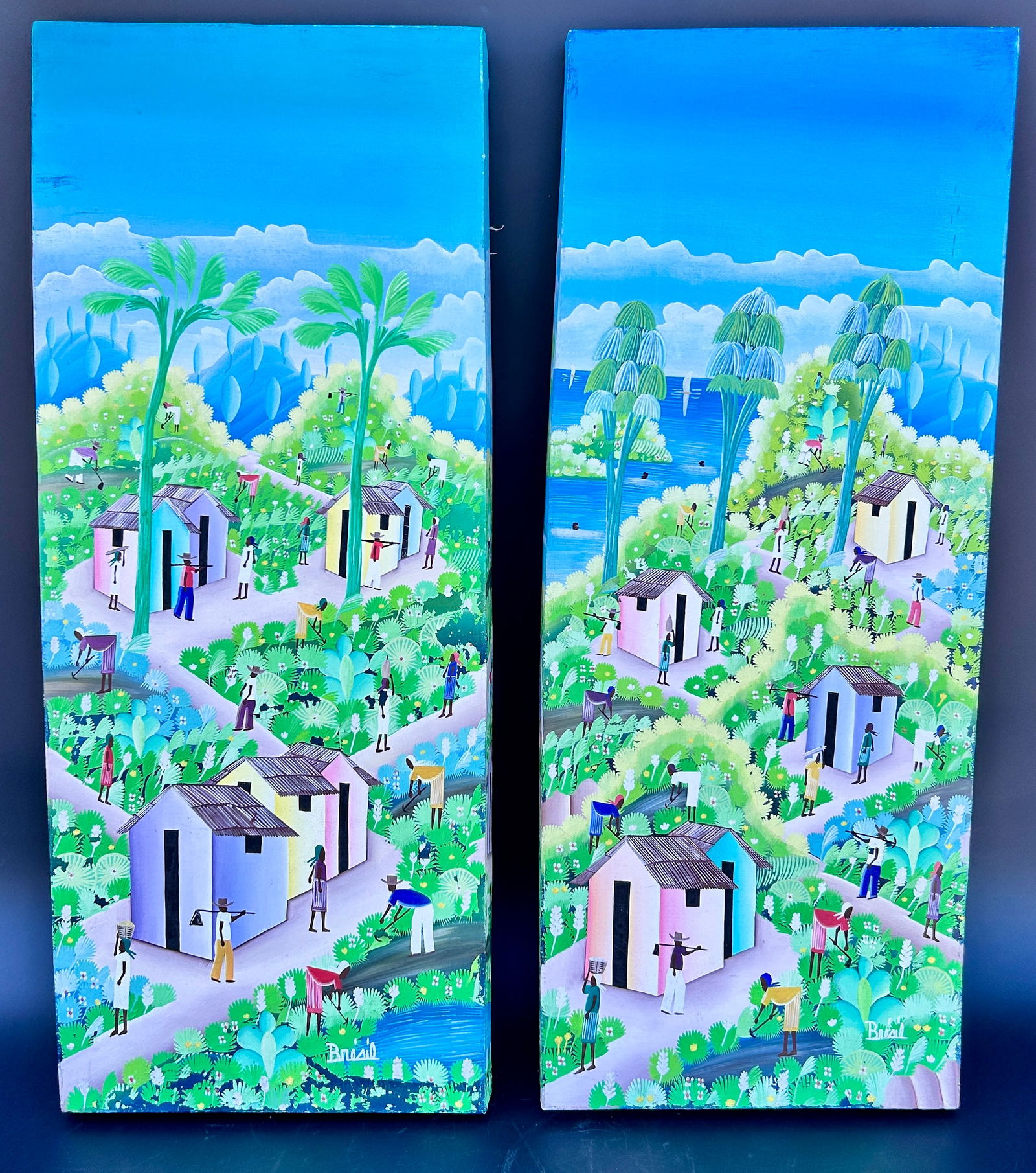 (2) Haitian Paintings signed Henri Robert Bresil: Dyptych (2) Haitian Paintings signed Henri Robert Bresil dated 1980 measures: 12W x 20H &nbs