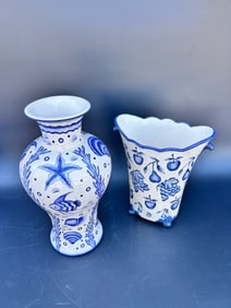 Two (2) Blue/White Crackle Finish Ceramic items
