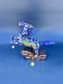 Modern Cloisonne Horse with dragon motif, on base