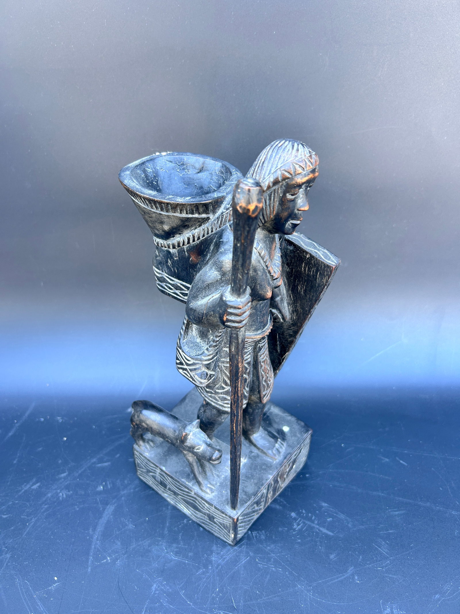 Black Tribal wood carving. Hunter with shield and dog.:  Black Tribal wood carving. Hunter with shield and dog. measures: 5W x 13H condition: good IN-HOUSE